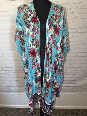 Angie Teal Floral Rayon Blouse with Pink and Red Blooms. Medium